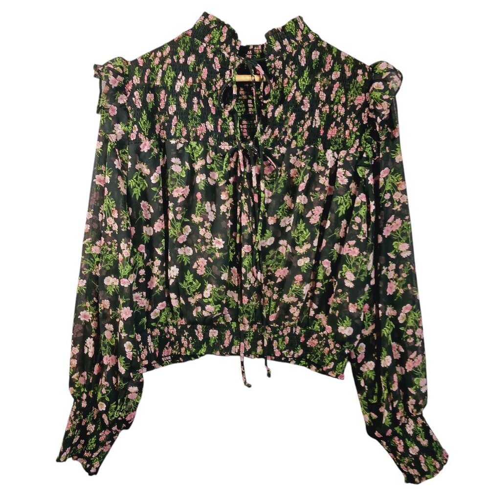 Olivaceous Medium Top, Floral, Ruffled, Smocked, Cottage Core, Boho, Blk/Grn/Pnk - Picture 7 of 15